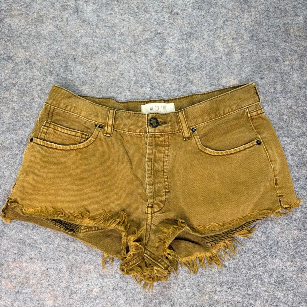 We The Free Distressed Denim Shorts Frayed Hem‎ Raw Edge Mustard Brown Size 27